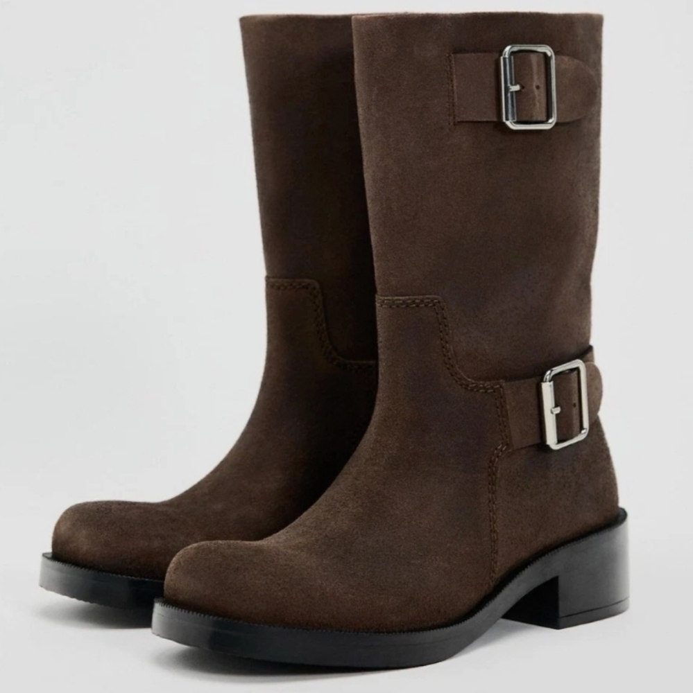 Zara Women's Chocolate Suede Ankle Boots with Buckles